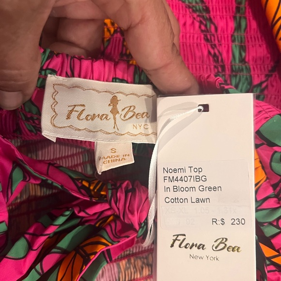 FLORA BEA, Small Pink, Green and Orange Flutter Sleeve Smocked Blouse - Picture 9 of 11